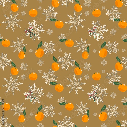 Winter seamless pattern with oranges, snowflakes, candy canes.