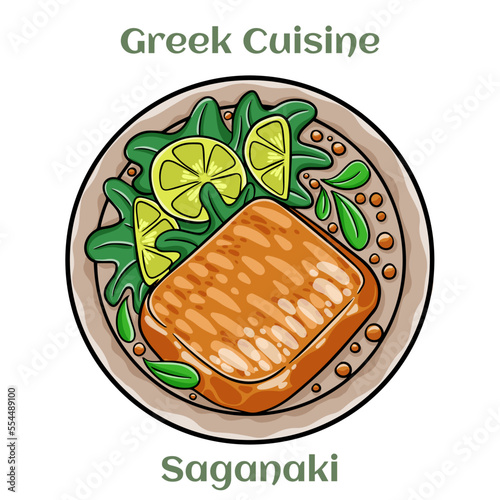 Saganaki is a Greek delicacy of fried cheese. Traditional Greek Cuisine. Isolated vector illustration.