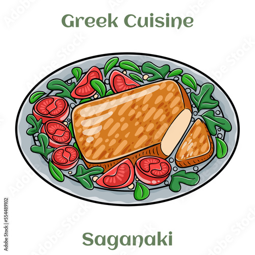 Saganaki is a Greek delicacy of fried cheese. Traditional Greek Cuisine. Isolated vector illustration.