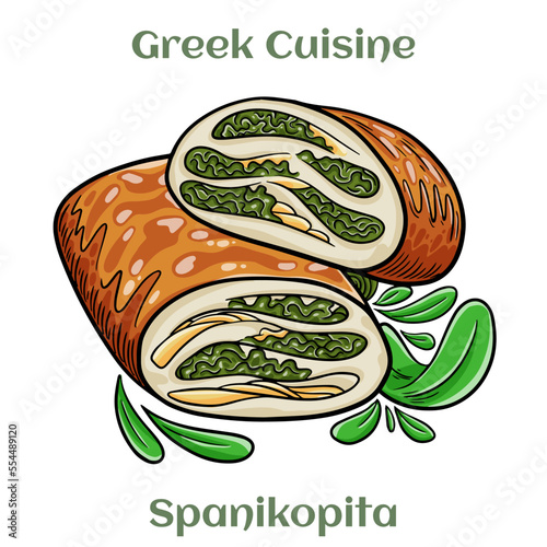 Greek spanakopita or spinach pie. Traditional Greek Cuisine. Isolated vector illustration.