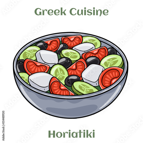 Greek Salad Horiatiki. Made With Pieces of Tomatoes, Sliced Cucumbers, Onion, Feta Cheese and Olives. Isolated vector illustration.