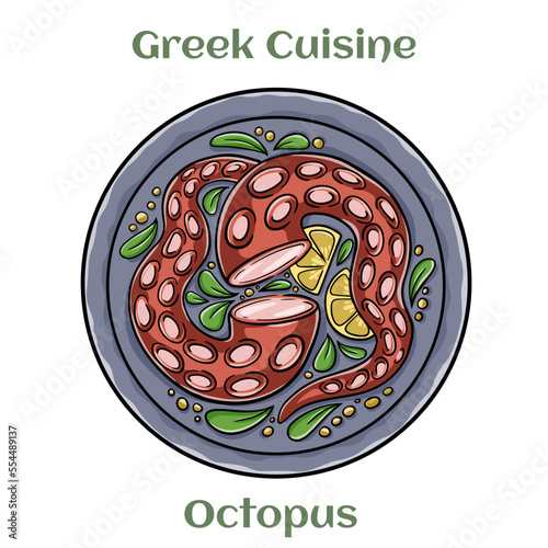 Grilled octopus with olive oil, lemon, oregano and parsley. Traditional Greek Cuisine. Isolated vector illustration.