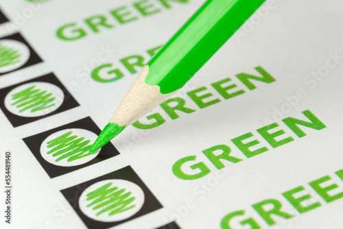 Green wooden  pencil with a voting form with green coloured boxes and the text green.