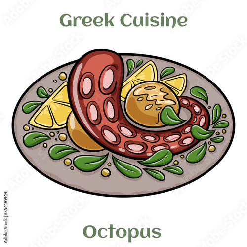 Grilled octopus tentacles, served with potatoes. Traditional Greek Cuisine. Isolated vector illustration.