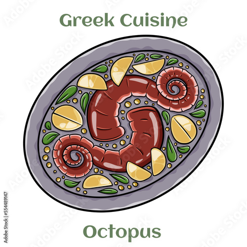 Grilled octopus tentacles, served with potatoes. Traditional Greek Cuisine. Isolated vector illustration.