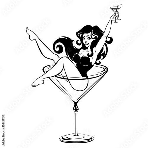 Comic beauty girl sitting in high cocktail glass and holding glass in his raised hand. Сartoon vector on transparent background