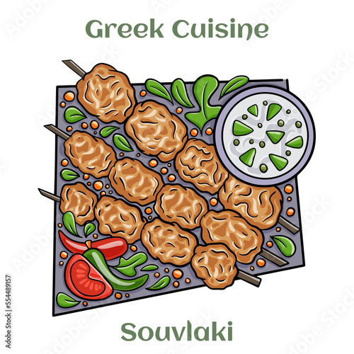Greek chicken souvlaki with tzatziki sauce and fresh vegetables, grilled kebabs. Isolated vector illustration.