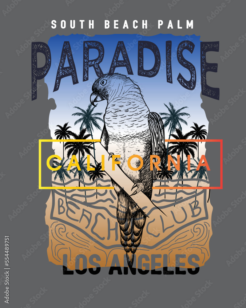 Paradise beach Los angeles california Parrot Palm tree beach club  typographic poster t shirt print design vector