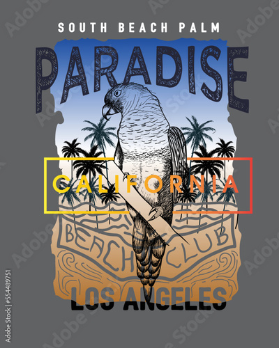 Paradise beach Los angeles california Parrot Palm tree beach club  typographic poster t shirt print design vector