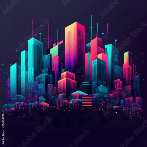 Colorful Vivid Night Skyline Illustration. Highrises and SKyscrappers in front of sky and stars. Cyber futuristic Design. Generative AI. photo
