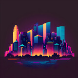 NIght City Skyline Panorama. Neon lights. Retro cityscape on dark background. Vivid colors Illustration. Generative AI.