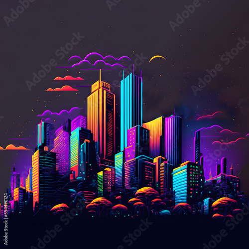 NIght City Cityscape View. Neon lights. Futuristic Skyline on dark background. Vivid colors Illustration. Generative AI.