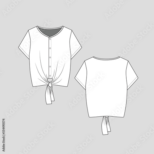 Henley Knotted Hem Crop top button panel Short Sleeve Fashion knot tie Hem  flat sketch technical drawing  template design