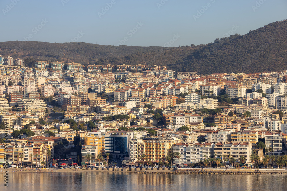 Homes and Buildings in a Touristic Town by the Aegean Sea. Kusadasi, Turkey. Sunny Evening.