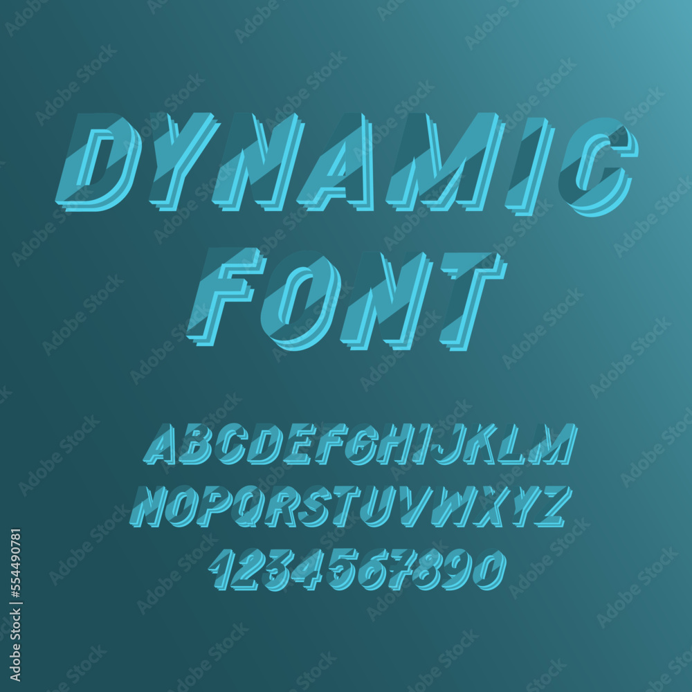 Movie font. Dynamic blue 3d alphabet. English letters and numbers from 0 to 9.