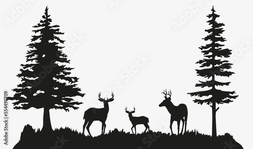 Deer silhouette in forest. Deer silhouette with forest background