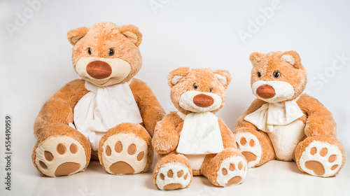 A family of teddy bears with bows on a white background.Daddy bear, mommy bear, little bear cub. Soft children's toy. © baxys