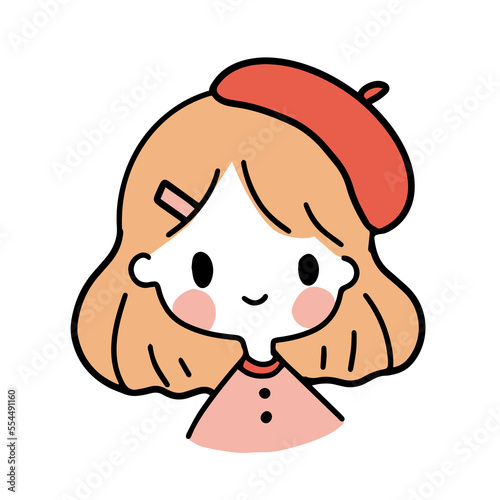 Cute colorful trendy hand drawn portrait of smiling girl with orange hair and red beret