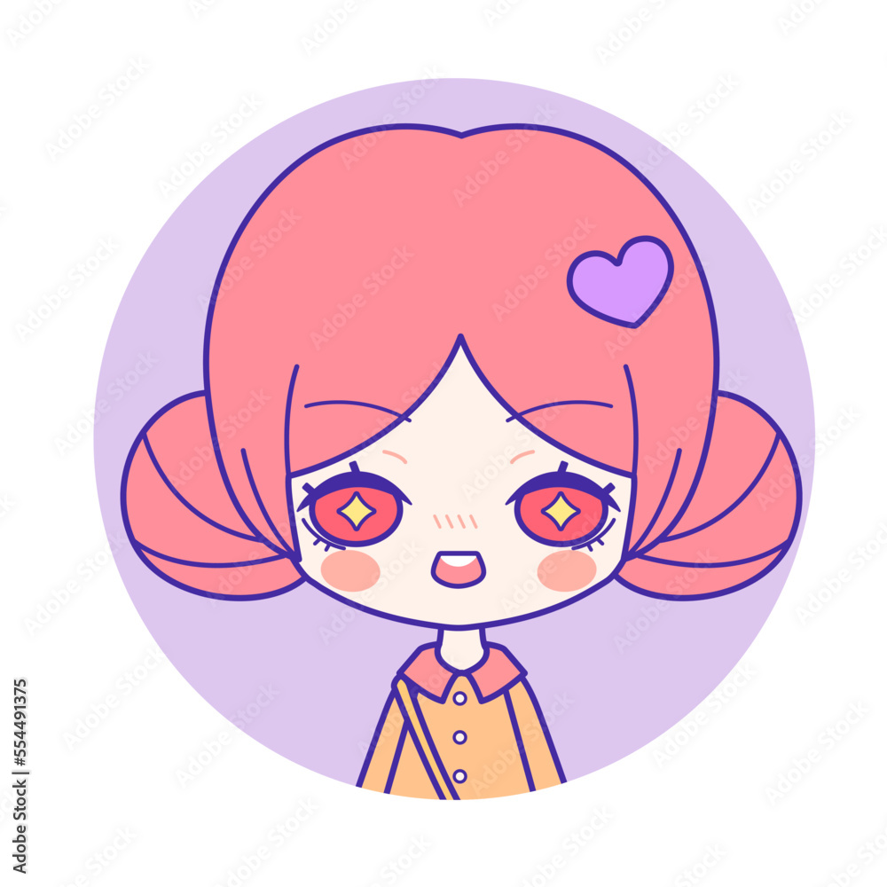 Trendy chibi portrait of excited cute girl with pink hair buns Trendy chibi portrait of excited cute girl with pink hair buns