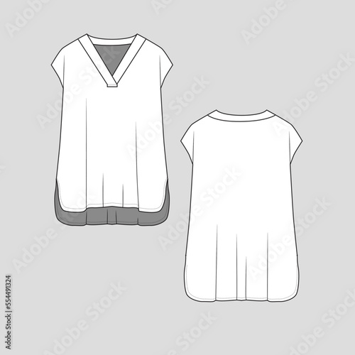 V Neck Sleeveless Long top high low dip hem Fashion flat sketch technical drawing  template