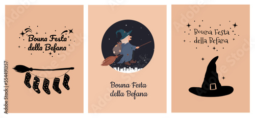 Old good Witch Befana tradition Christmas Epiphany character in Italy flying on broomstick . Bouna festa della befana greeting card, template set, collection  photo