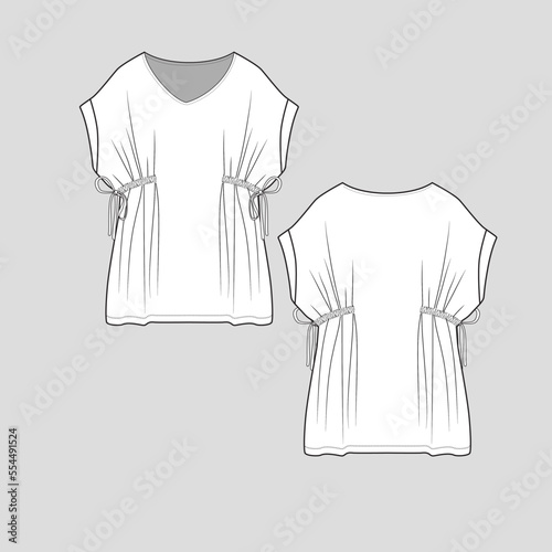 Kimono Side gathering Knotted top V Neck Side knot Fold p Fashion flat sketch technical drawing  template design