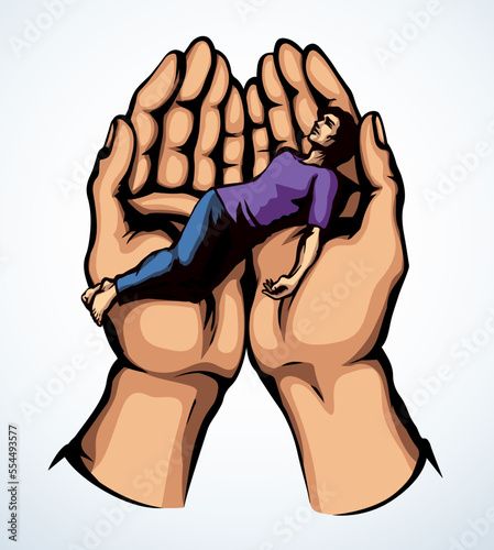 The exhausted man in praying hands. Vector drawing