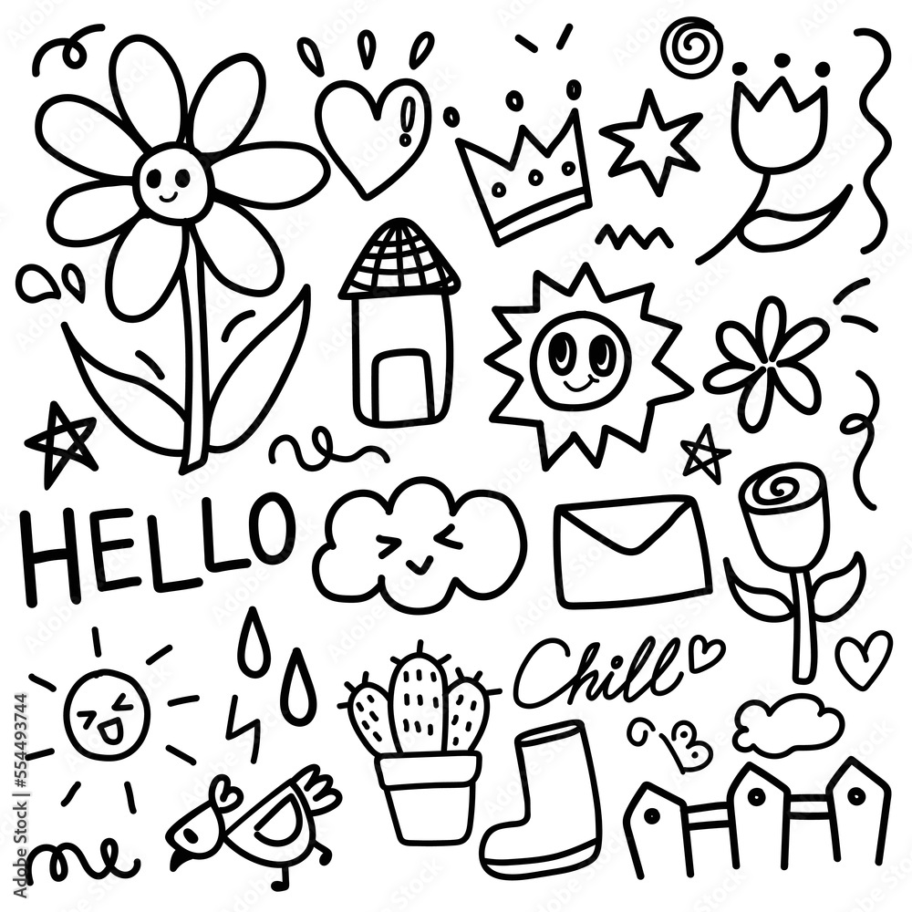 Set of doodle hand drawn. Elements of star, cactus, cloud, sun, word, chicken etc. Vector illustration Set of doodle hand drawn. Elements of star, cactus, cloud, sun, word, chicken etc. Vector illustration