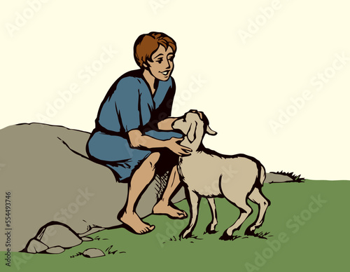 Shepherd with sheep. Vector drawing