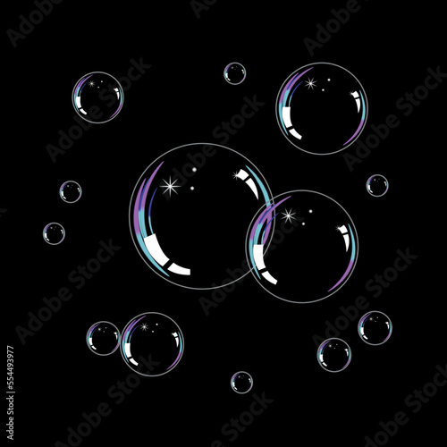 Transparent multicolored soap 3D bubbles on black background. Detergent foam rainbow colored ball. Vector illustration.
