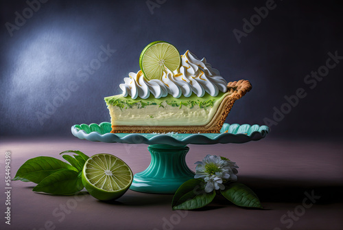 Key lime pie slice, whipped cream, fruit. Generative AI