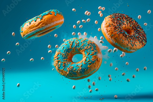 Various doughnuts isolated on blue background . Mix of multicolored sweet donuts with sprinkel on blue background