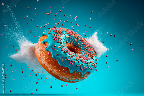 Various doughnuts isolated on blue background . Mix of multicolored sweet donuts with sprinkel on blue background photo
