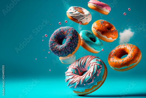 Various doughnuts isolated on blue background . Mix of multicolored sweet donuts with sprinkel on blue background