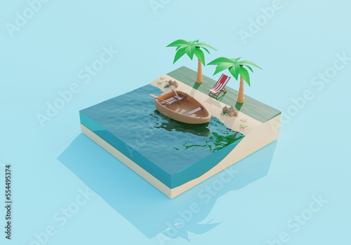 Beach Island tropical 3d minimal summer concept with water and palms, boat on the sea beach for travel to the next summer. 3D rendering illustration.