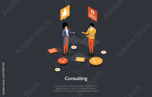 Business Consultant, Advisor or Expertise, Online Presentation, Strategy and Analysis Concept, Woman Consultant Advises Client And Helping To Solve Problems. Isometric 3d Cartoon Vector Illustration