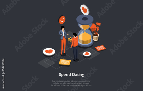 Speed Dating Concept, Relationship Between Man And Woman. Boy And Girl Having Speed Dating. Characters Communicate To Each Other For Futher Relationships. Isometric 3d Cartoon Vector Illustration