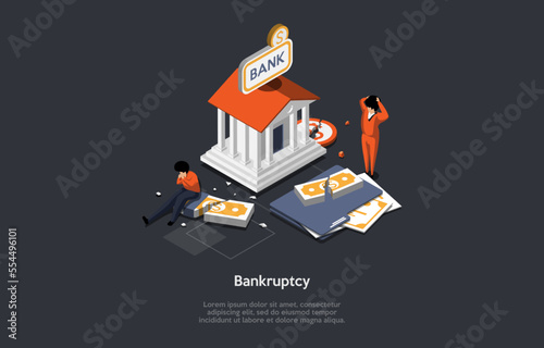Financial Crisis, Default, Unemployment, Debts, Bankruptcy. Bank Financial System Collapse And Business, Devaluation, Unpaid Loan. People Lose Investments And Job. Isometric 3D Vector illustration