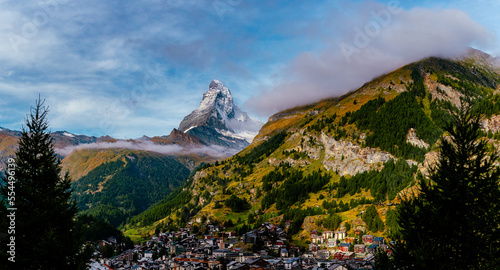 Zermatt Matterhorn viewpoin in the morning. Scenic spot in Zermatt. The Viewpoint Le Petit Village at Mürini, a famous photography spot in Zermatt. photo