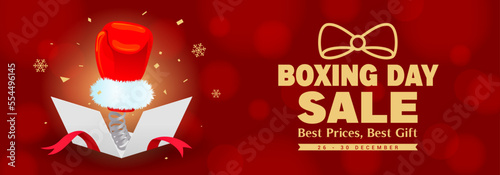 Boxing day sale banner vector illustration. Boxing glove with surprise box on red bokeh background
