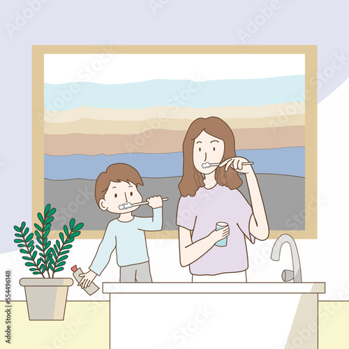 Mother and son brush their teeth together. Vector illustration for dentist, public heath, mother love.