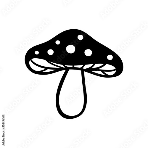 Woodland mushroom. Amanita mushroom. Fungus black and white illustration. Vector.