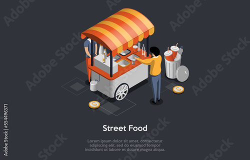 Concept Of Street Food. Modern Food Cart, Seller Preparing For Customer Man Buying Some Food And Drinks Or Ice Cream Outdoor. Fast Food Truck Store On Wheels. Isometric 3d Cartoon Vector Illustration