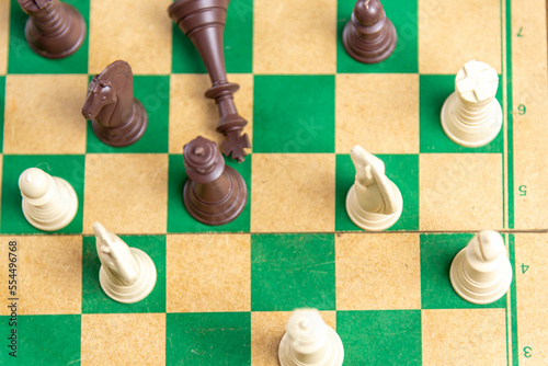 Chess game pieces on the green board photo