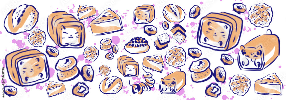 Funny bread shaped cats asian Japanese Korean style. Watercolour illustration, wallpaper. Funny bread shaped cats asian Japanese Korean style. Watercolour illustration, wallpaper.