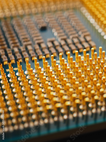 Microprocessor of computer closeup. CPU, semiconductor, pins and connectors. Electronic and computing detail. Digital technologies. Semiconductor technology. Science and data. Vertical illustration