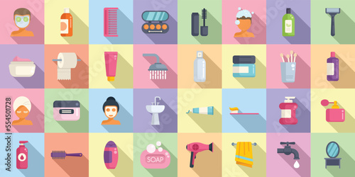 Morning treatments icons set flat vector. Care shave. Face skin