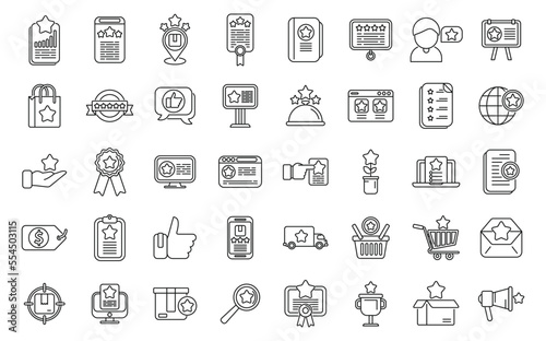 Featured product icons set outline vector. Data survey. Start product