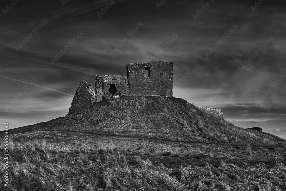 Black and white image of Duffus Castle, Moray