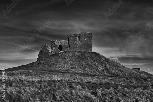 Black and white image of Duffus Castle, Moray